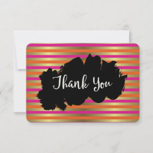Pink, Orange & Faux Metallic Gold Stripe Thank You Card
