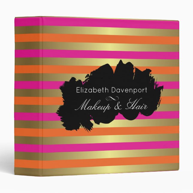 Pink, Orange & Faux Metallic Gold Stripes Binder (Front/Spine)