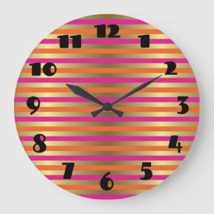 Pink, Orange & Faux Metallic Gold Stripes Large Clock