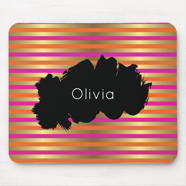 Pink, Orange & Faux Metallic Gold Stripes Mouse Pad (Front)