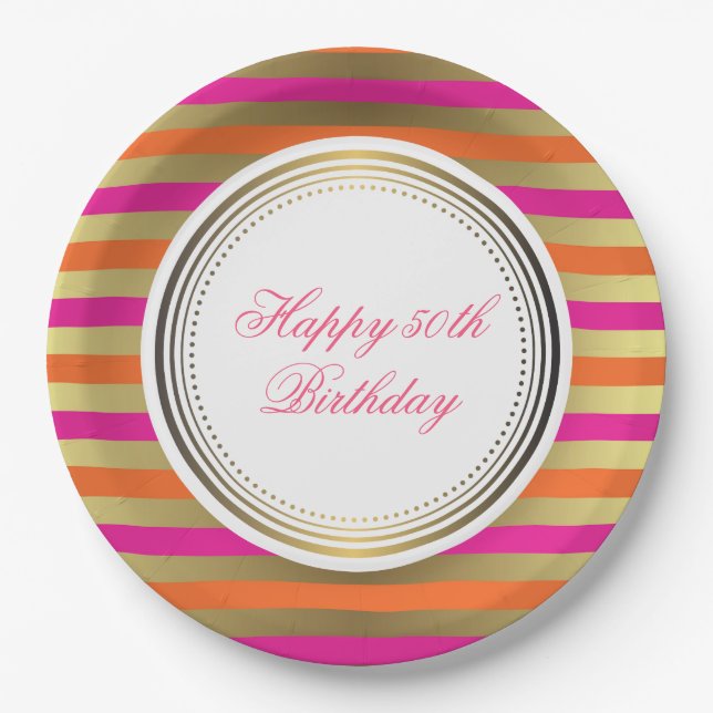 Pink, Orange & Faux Metallic Gold Stripes Paper Plates (Front)