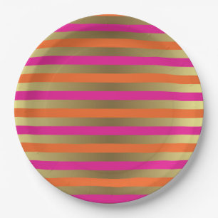 Pink, Orange & Faux Metallic Gold Stripes Paper Plates