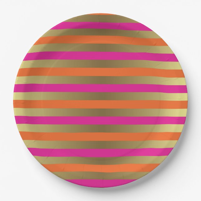 Pink, Orange & Faux Metallic Gold Stripes Paper Plates (Front)