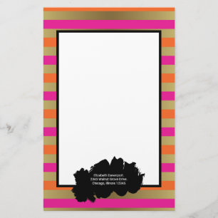 Pink, Orange & Faux Metallic Gold Stripes Stationery