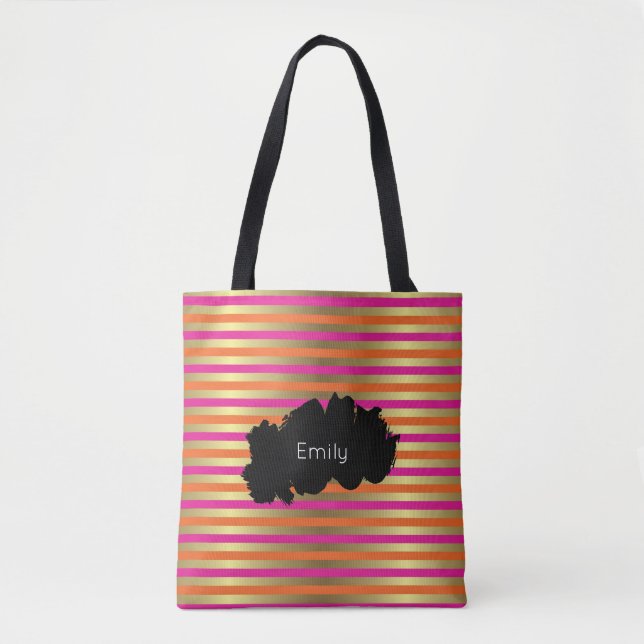 Pink, Orange & Faux Metallic Gold Stripes Tote Bag (Front)