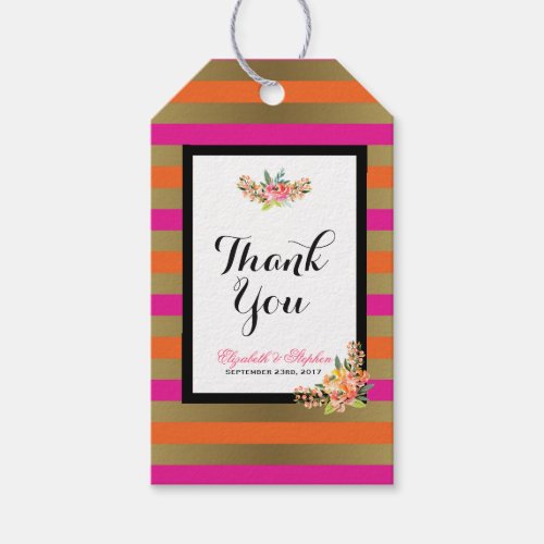 Pink Orange  Faux Metallic Stripes w Florals Gift Tags