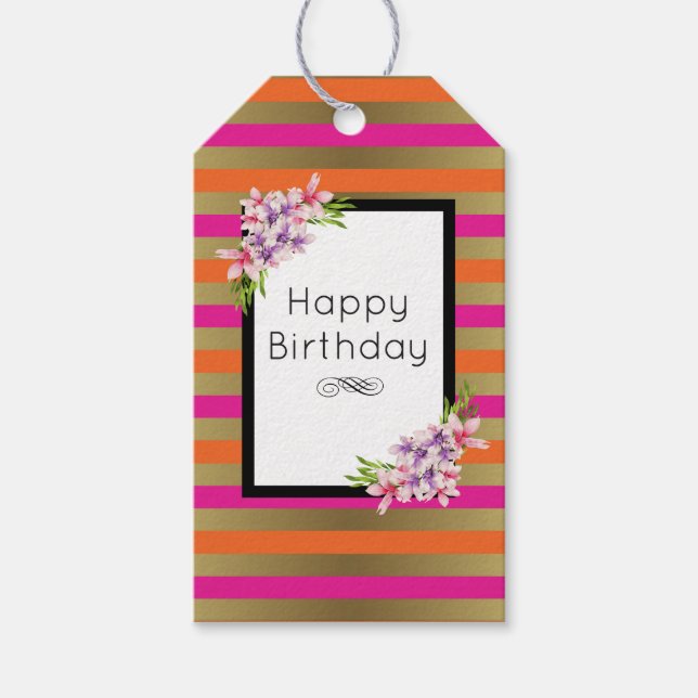 Pink, Orange & Faux Metallic Stripes w/ Florals Gift Tags (Front)