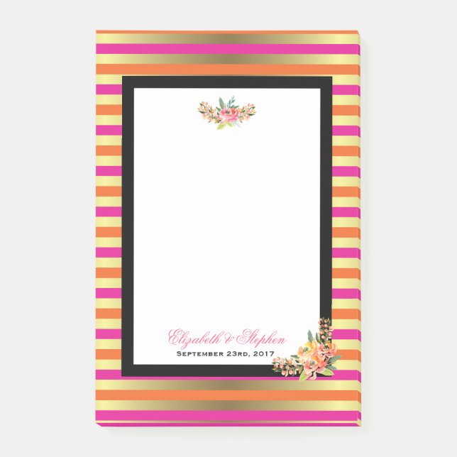 Pink, Orange & Faux Metallic Stripes w/ Florals Post-it Notes (Front)