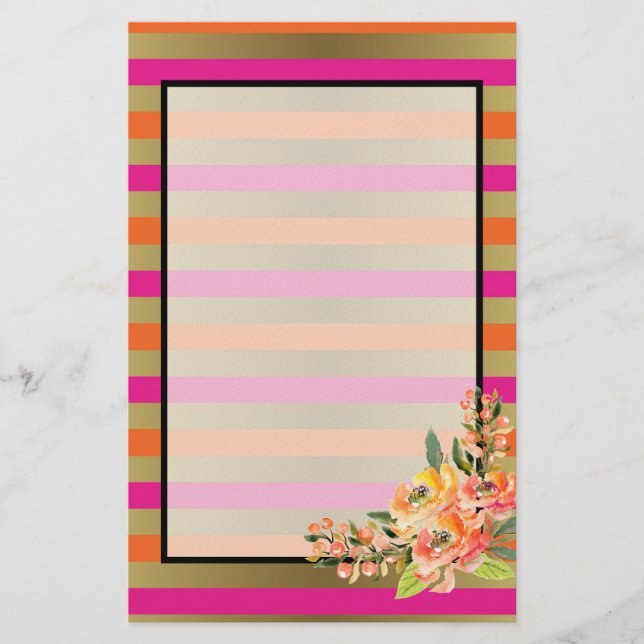 Pink, Orange & Faux Metallic Stripes w/ Florals Stationery (Front)