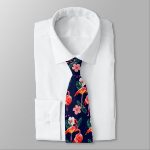 Pink Orange Flamingo Pattern on Navy Blue Neck Tie
