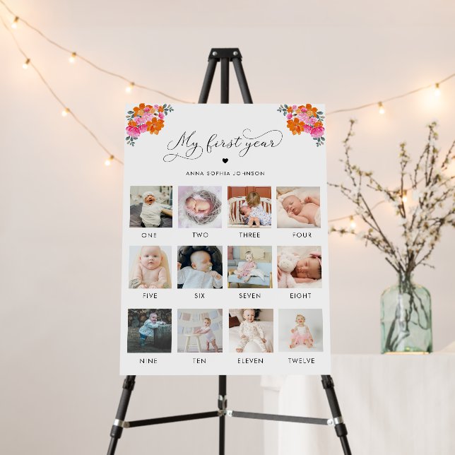 Pink Orange Floral 1st Birthday 12 Photo Milestone Foam Board (In Situ (Stand))