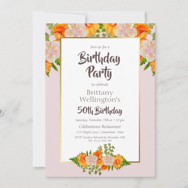 Pink Orange Floral 50th Birthday Party Invitation (Front)