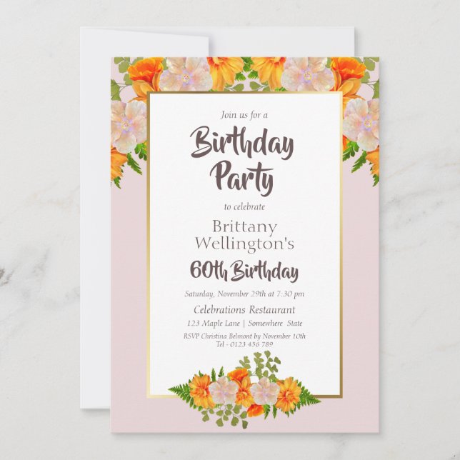 Pink Orange Floral 60th Birthday Party Invitation (Front)