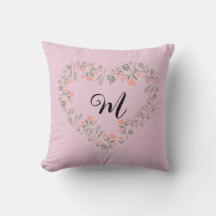 Pink Orange Floral and Greenery Heart Monogram Throw Pillow