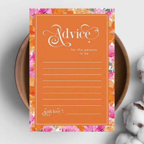 Pink  Orange Floral Baby Shower Parents Advice Card