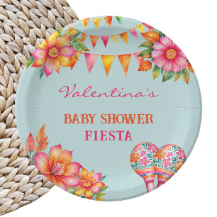 Pink Orange Floral Blue Fiesta Baby Shower Paper Plates