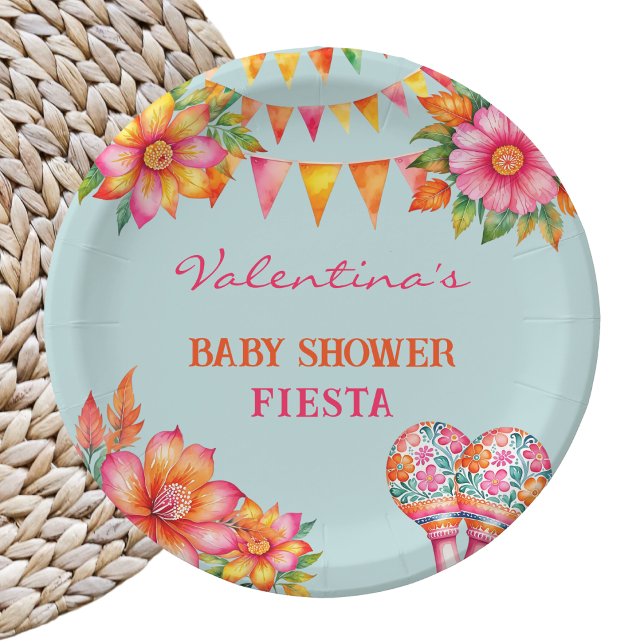 Pink Orange Floral Blue Fiesta Baby Shower Paper Plates (Creator Uploaded)