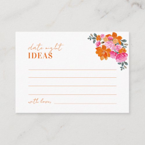 Pink Orange Floral Bridal Shower Date Night Ideas Enclosure Card