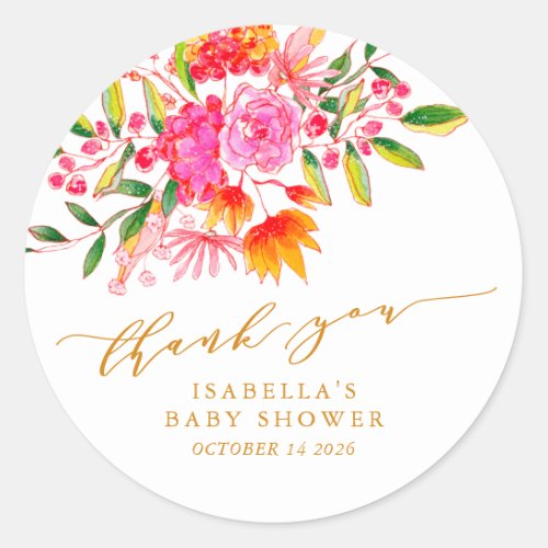 Pink Orange Floral Custom Baby Shower Thank You Classic Round Sticker