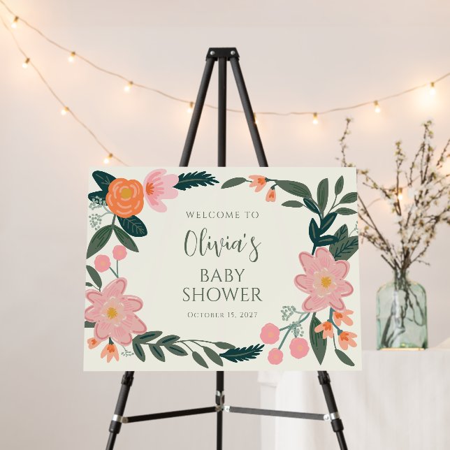 Pink Orange Floral Custom Baby Shower Welcome Sign (In Situ (Stand))