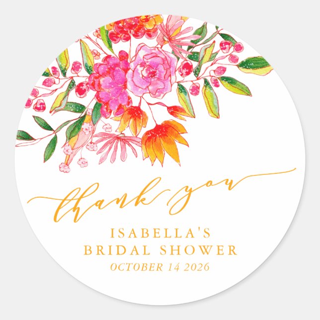 Pink Orange Floral Custom Bridal Shower Thank You Classic Round Sticker (Front)