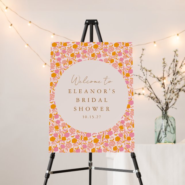 Pink Orange Floral Cute Bridal Shower Welcome Sign (In Situ (Stand))