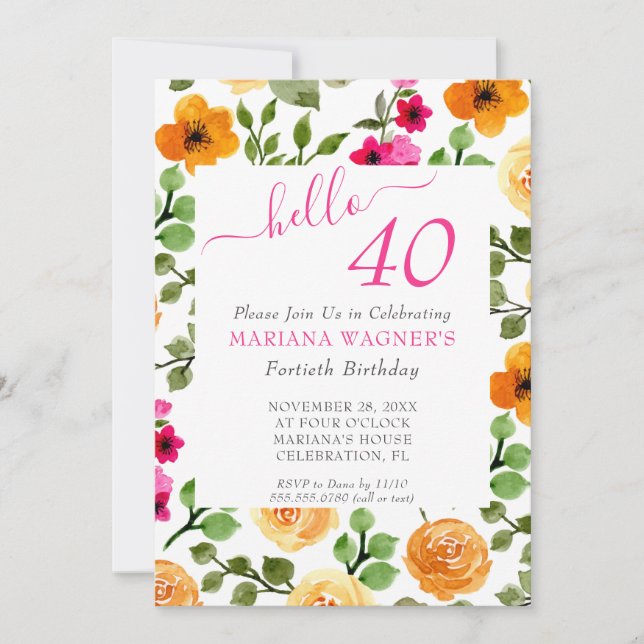 Pink Orange Floral Elegant Script 40th Birthday Invitation (Front)