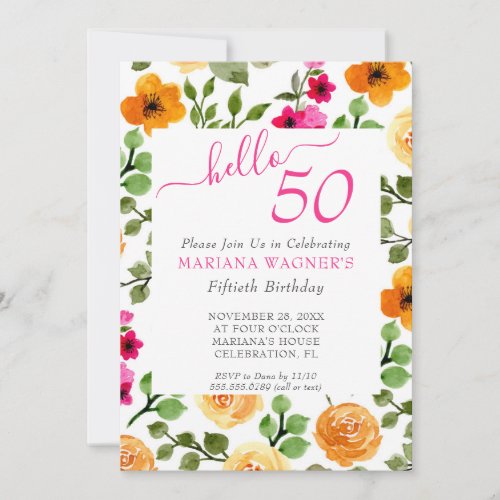 Pink Orange Floral Elegant Script 50th Birthday Invitation