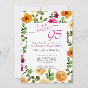 Pink Orange Floral Elegant Script 95th Birthday Invitation by WittyPrintables at Zazzle