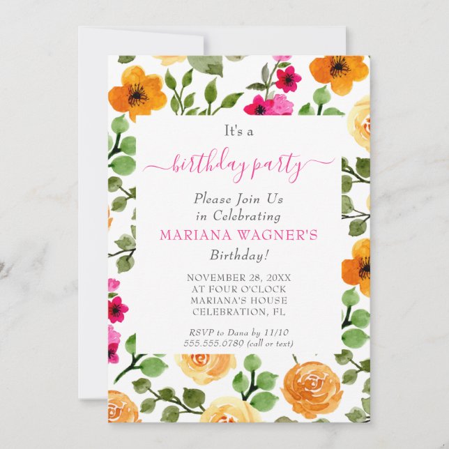 Pink Orange Floral Elegant Script Birthday Party Invitation (Front)