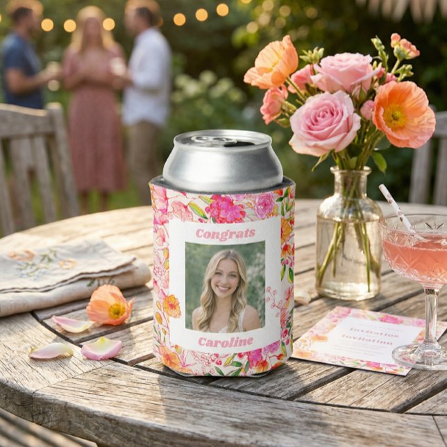 Pink Orange Floral Graduation Party Photo 2026 Can Cooler (Creator Uploaded)