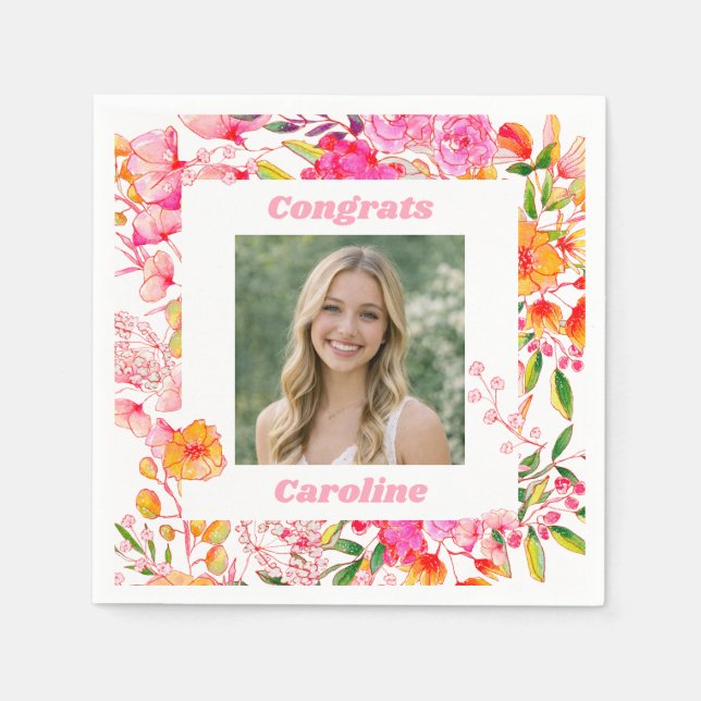 Pink Orange Floral Graduation Party Photo 2026 Napkins (Front)