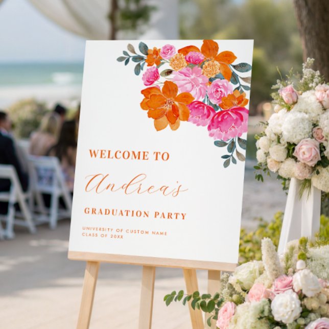Pink & Orange Floral Graduation Party Welcome Sign (Creator Uploaded)