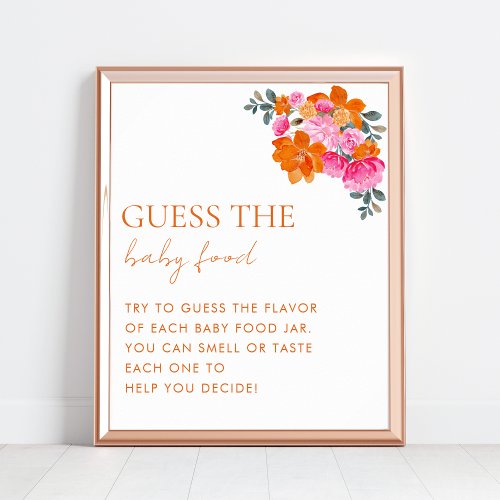 Pink Orange Floral Guess the Baby Food Shower Game Poster