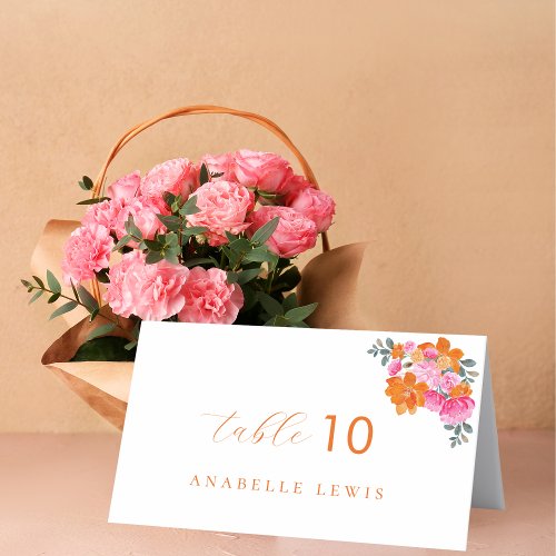 Pink  Orange Floral Guest Name Wedding Place Card