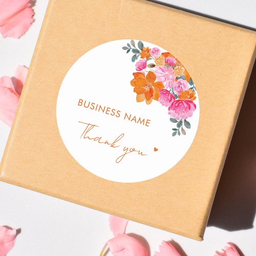 Pink Orange Floral Heart Small Business Thank You Classic Round Sticker