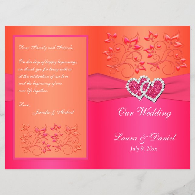 Pink Orange Floral, Hearts Wedding Program (Front)