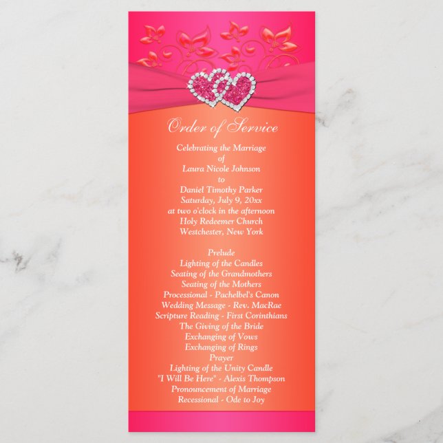 Pink Orange Floral, Hearts Wedding Program 2 (Front)