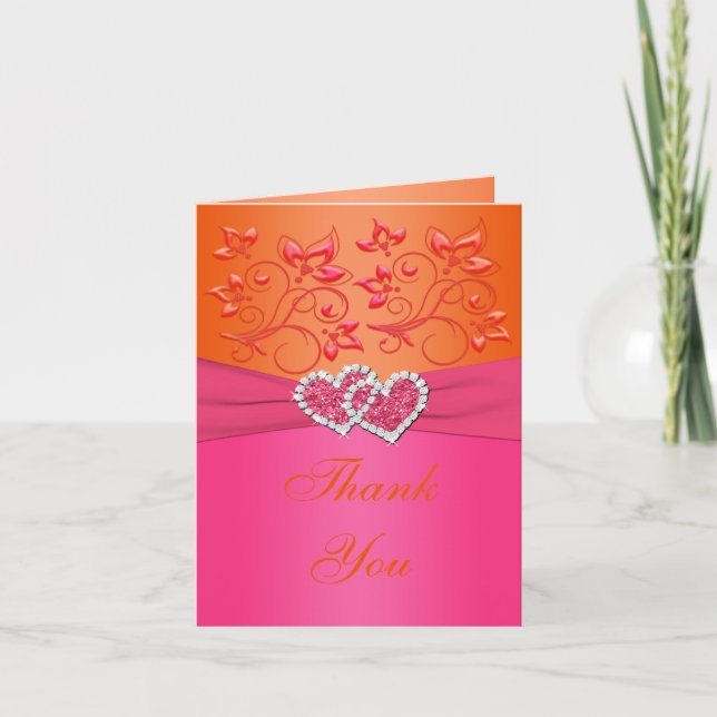 Pink, Orange Floral Joined Hearts Thank You Card (Front)