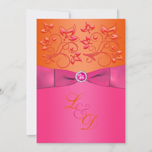 Pink, Orange Floral Monogram Wedding Invitation (Front)