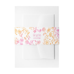  Pink Orange Floral Monogrammed Date Wedding Invitation Belly Band