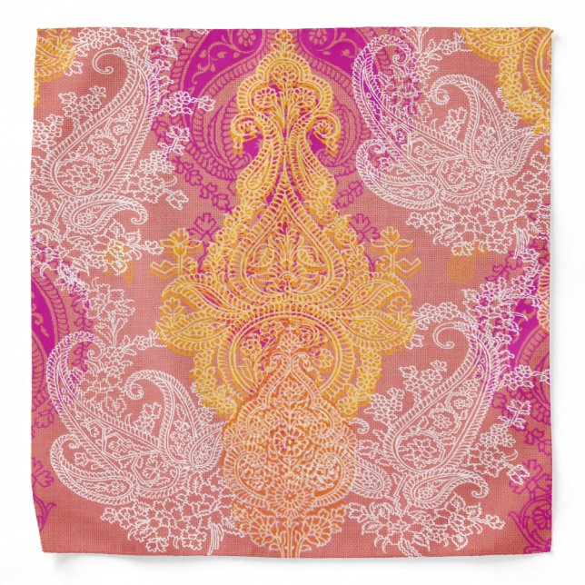 Pink orange  floral paisley damask bandana (Front)