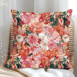 Pink Orange Floral Pattern Throw Pillow