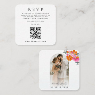 Pink Orange Floral QR Code Online Wedding RSVP Enclosure Card