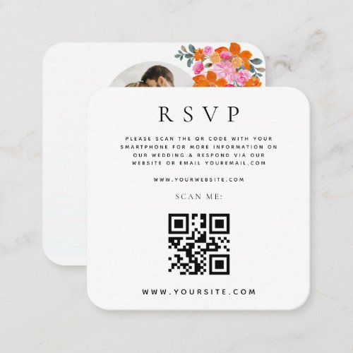Pink Orange Floral QR Code Online Wedding RSVP Enclosure Card