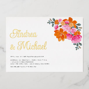 Pink & Orange Floral QR Code Photo Wedding Real  Foil Invitation