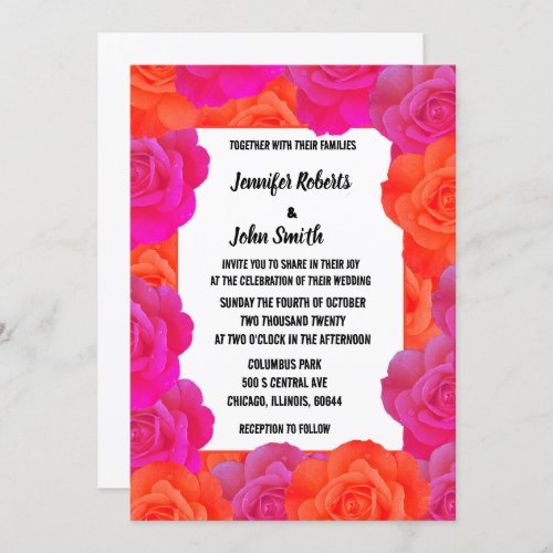 Pink Orange Floral QR Code Rose Patterns Wedding Invitation