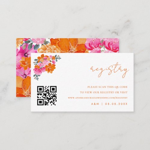 Pink  Orange Floral Qr Code Wedding Gift Registry Enclosure Card