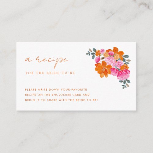 Pink  Orange Floral Recipe Request Bridal Shower Enclosure Card