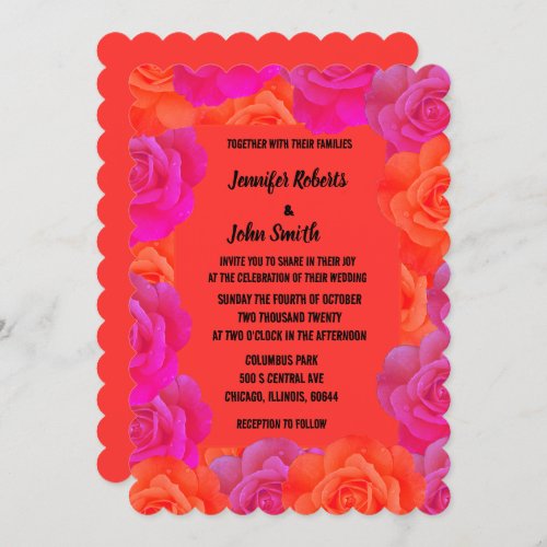 Pink Orange Floral Rose Patterns QR Code Wedding Invitation